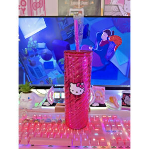 Hello Kitty Swirl Tumbler Lid Straw Shiny Metallic Spiral Plastic Pink Sanrio